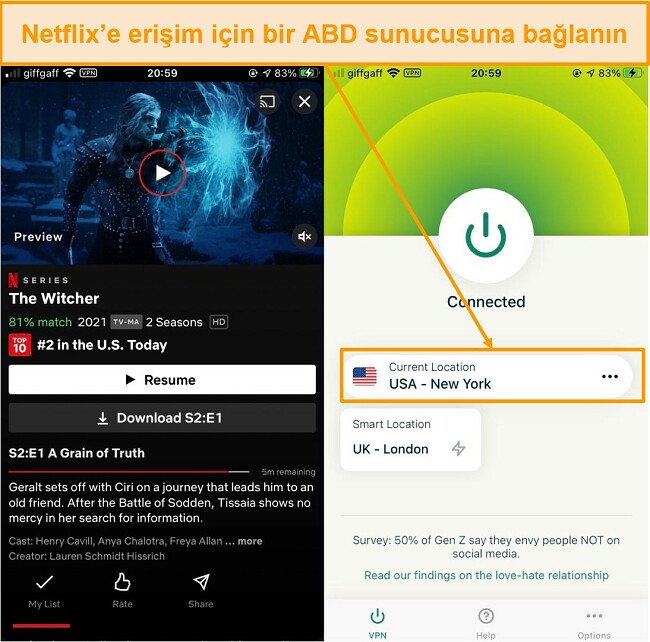 ExpressVPN kullanan bir iPhone 6'da The Witcher'ın ekran görüntüsü