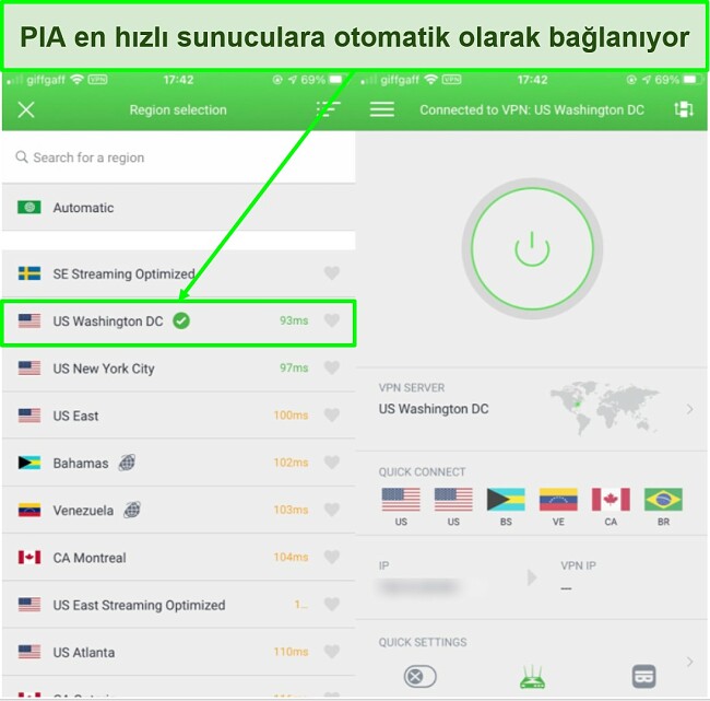 Özel İnternet Erişimi kullanan bir iPhone 6'daki mevcut düşük gecikmeli sunucuların ekran görüntüsü