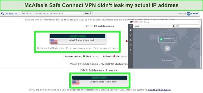 Zrzut ekranu przedstawiający, jak McAfee przechodzi testy szczelności DNS