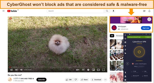 Screenshot of YouTube playing a video with CyberGhost connected to a London server, showing not all ads are blocked.