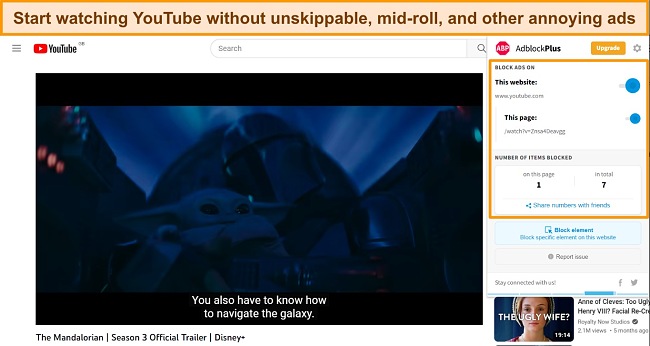 Mandalorian season 3 trailer playing with Adblock Plus active on YouTube.