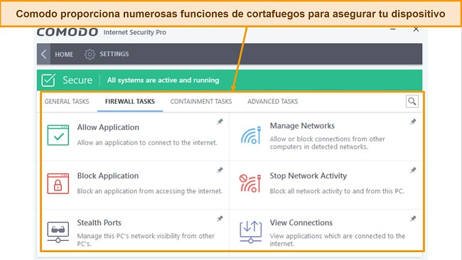 Captura de pantalla de la pestaña de tareas del cortafuegos de Comodo