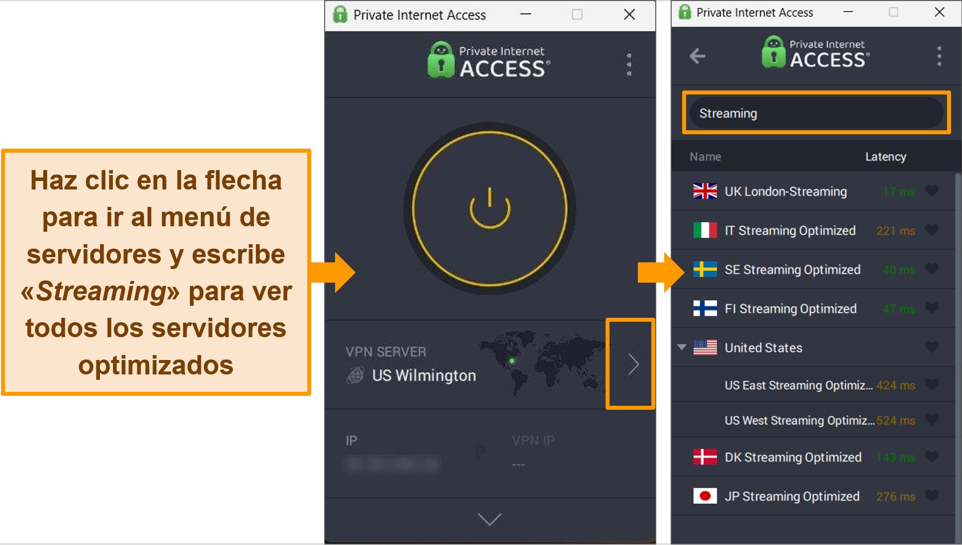 Captura de pantalla de la aplicación de Windows de PIA, que destaca los servidores de transmisión optimizados.