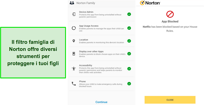 Screenshot degli strumenti di controllo parentale di Norton