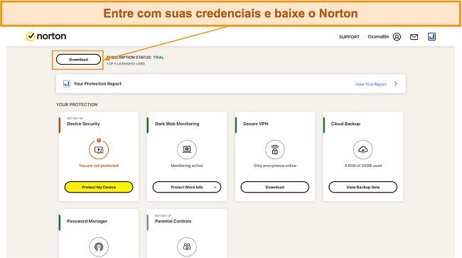 Baixando a configuração do Norton de seu site