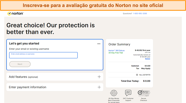 Inscrevendo-se para a avaliação gratuita do Norton