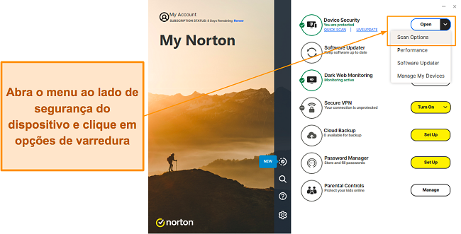 Abrindo as opções de verificação de vírus no Norton