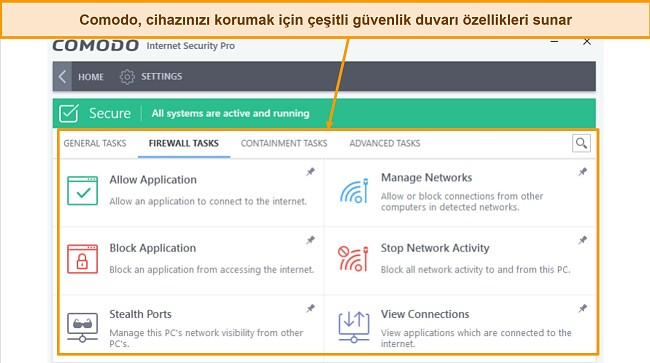 Comodo güvenlik duvarı görevleri sekmesinin ekran görüntüsü