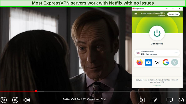 A screenshot of Better Call Saul Season 6 Episode 1 with ExpressVPN connected.