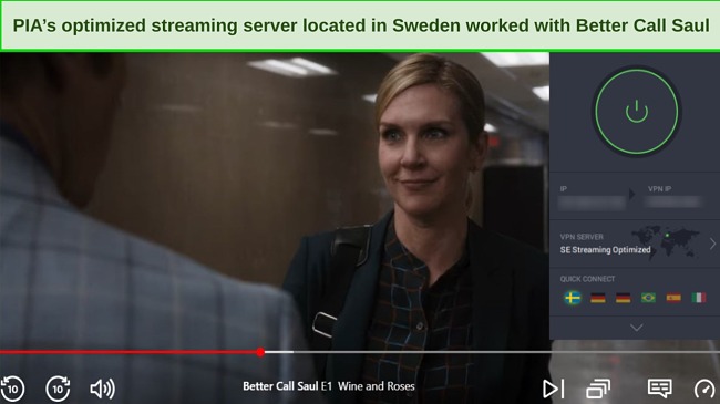 Screenshot of Better Call Saul S6 E2 playing on Netflix while PIA is connected to a server in France