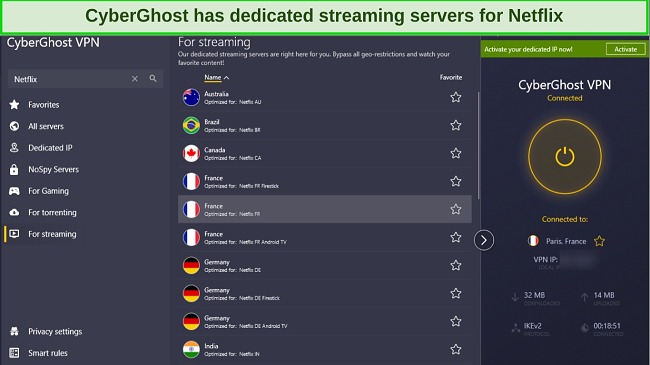 A screenshot of CyberGhost's dedicated streaming servers