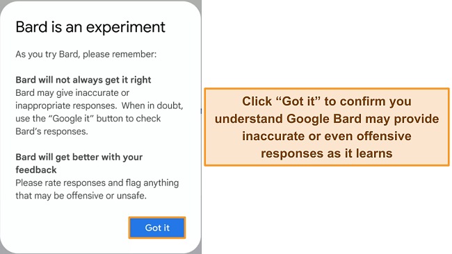 Image of Google Bard's warning notice that the service is experimental and may generate incorrect or offensive responses.