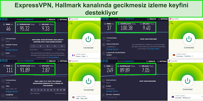 Fransa, ABD, Almanya ve Avustralya'daki sunucularda ExpressVPN hız testlerinin ekran görüntüsü