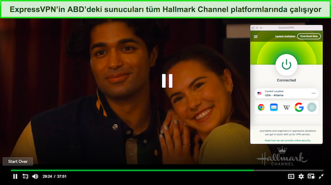 ExpressVPN ABD, Atlanta'daki bir sunucuya bağlıyken Frndly TV'deki Hallmark Kanalında oynayan The Way Home'un ekran görüntüsü