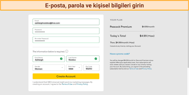 Peacock kişisel ayrıntılarının ve hesap oluşturma sayfasının ekran görüntüsü