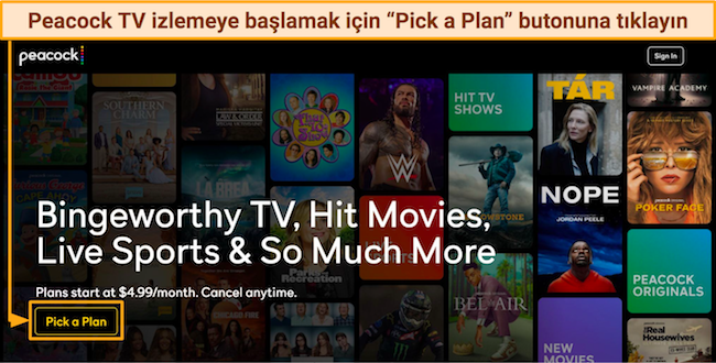 Peacock resmi sitesi ana sayfasının ekran görüntüsü