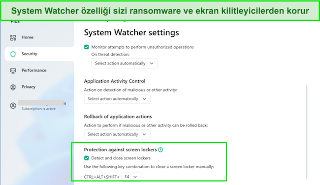 Kaspersky'nin Sistem İzleyici ayarları menüsünün ekran görüntüsü