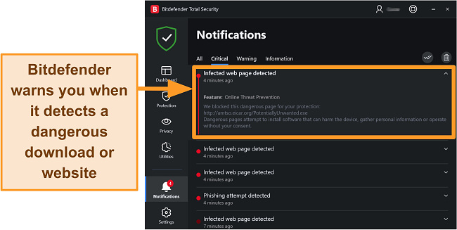 Bitdefender desktop threat notifications.