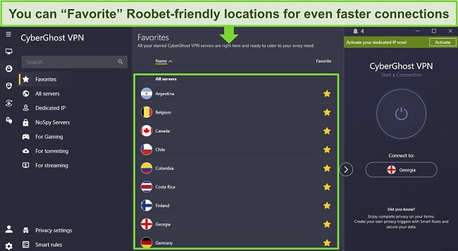 Image of CyberGhost's Windows app, highlighting the