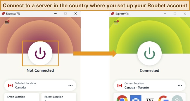 Screenshots of ExpressVPN's Windows app, showing the app disconnected and connected to a server in Canada.