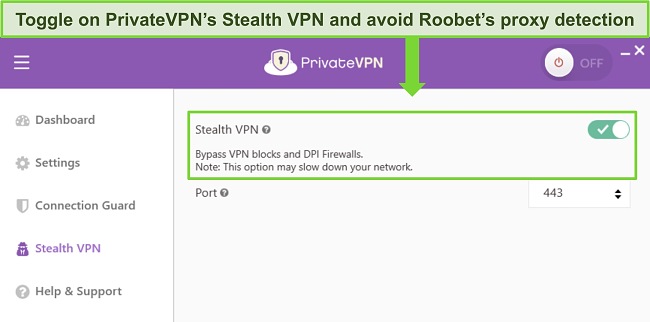 Image of PrivateVPN's Windows app, showing the Stealth VPN menu and directing the user to toggle the setting on.