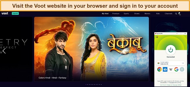 Image of Voot website with ExpressVPN connected to India (via UK) server