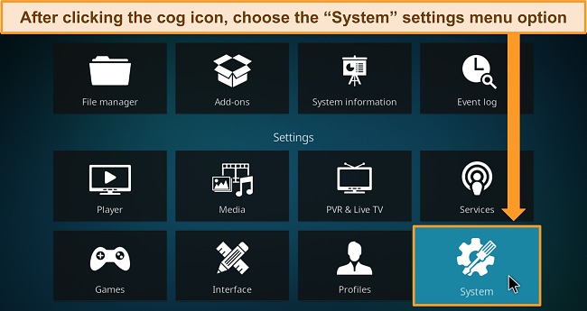Image of Kodi's System screen, showing the different options and directing the user to the