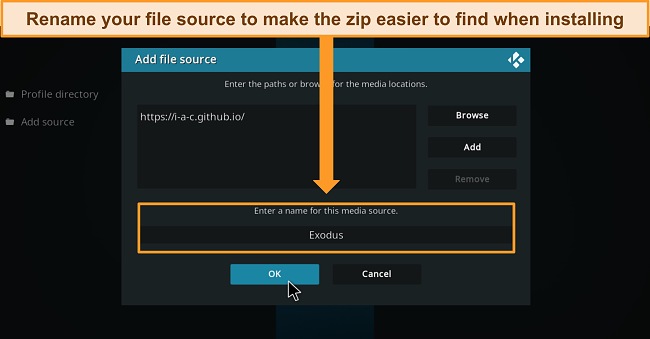 Screenshot of Kodi's File Manager, prompting the user to enter a memorable name for the source file to make it easier to access on installation.