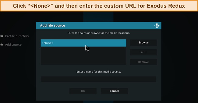 Image of Kodi "Add Source" option, directing users to click "None" to input a custom URL.