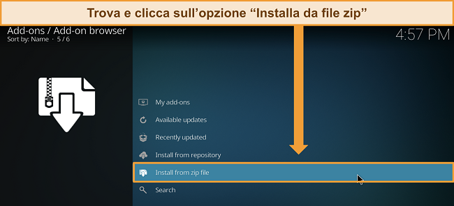 Schermata delle impostazioni dei componenti aggiuntivi di Kodi con 