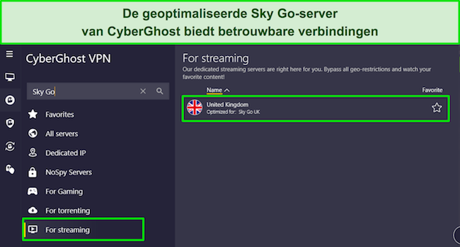 De Windows-app van CyberGhost met het menu "voor streaming" en de speciale Sky Go UK-server.