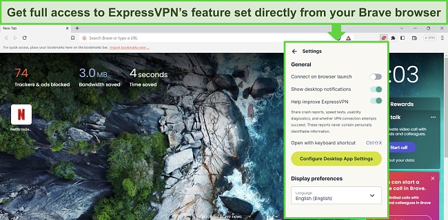 Image of ExpressVPN's browser extension used with the Brave browser.