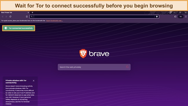 Image of Brave's Tor browser window, prompting the user to make sure Tor connects before browsing.