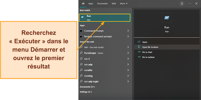 Capture d'écran montrant comment accéder à la fenêtre de commande Exécuter sous Windows