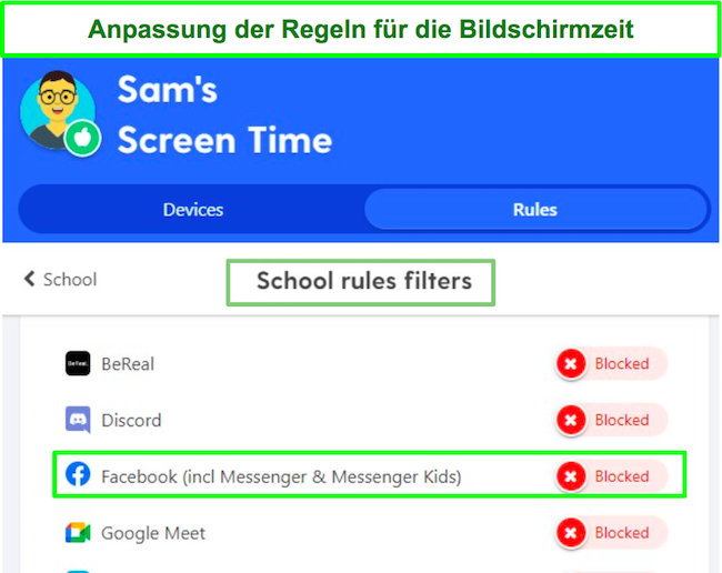Passen Sie den Screenshot der Bildschirmzeitregeln an