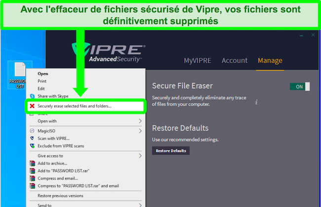 Capture d'écran de l'outil d'effacement de fichiers sécurisé de Vipre