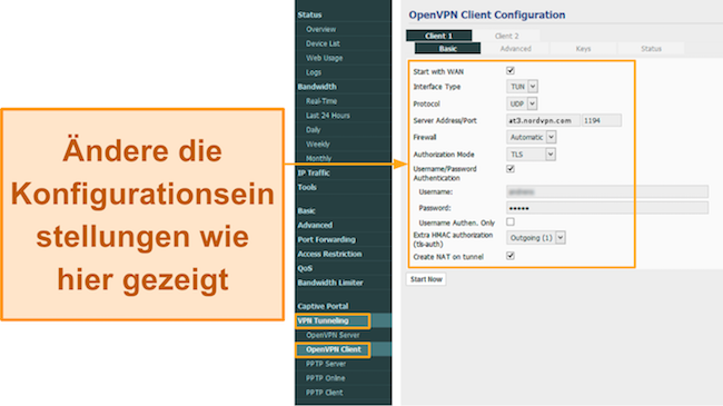Screenshot der Optimierung der OpenVPN-Konfigurationseinstellungen des Tomato-Routers zur Einrichtung von NordVPN