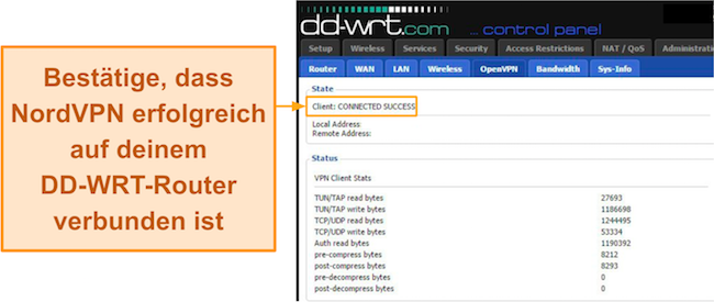 Screenshot des Verwaltungsbereichs von DD-WRT, der zeigt, wie NordVPN erfolgreich mit dem DD-WRT-Router verbunden wurde
