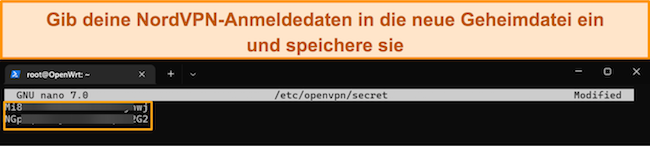Screenshot einer vom Nano-Texteditor erstellten „geheimen Datei“ mit NordVPN-Anmeldeinformationen