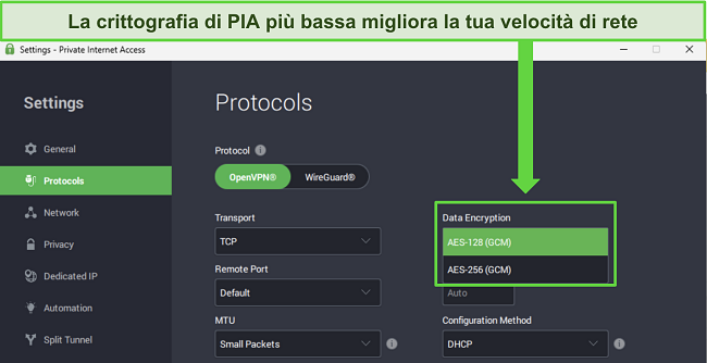 Immagine dell'app Windows di PIA, che mostra le funzionalità personalizzabili in grado di fornire un incremento della velocità di rete.