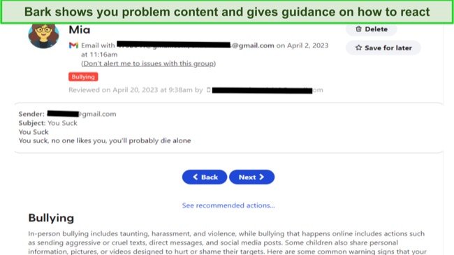 Graphic showing Bark notifying a parent of a bullying message