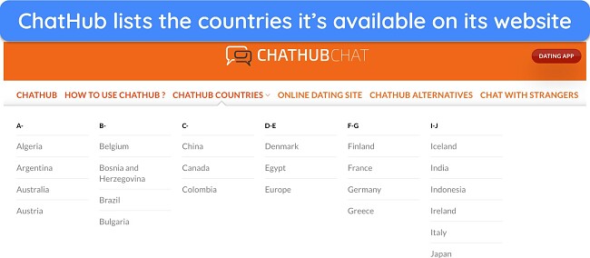 Screenshot of the list of countries ChatHub works in available on its website