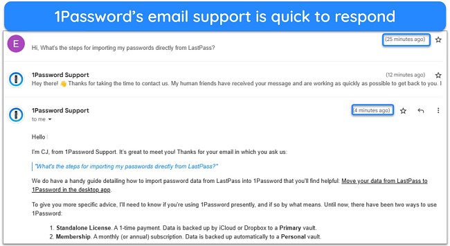 Screenshot of a quick response from Keeper's email support