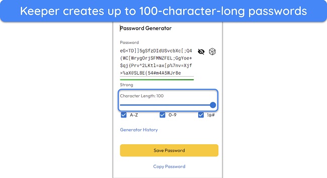Screenshot showing the max character length of the passwords Keeper generates