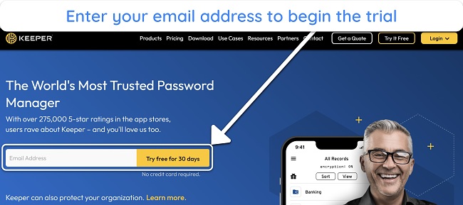 Screenshot showing how to begin Keeper's free trial