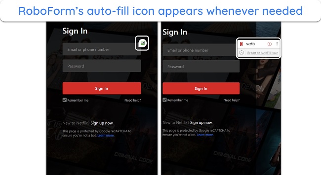 Screenshot of RoboForm's auto-fill dialog appearing on the Netflix login page