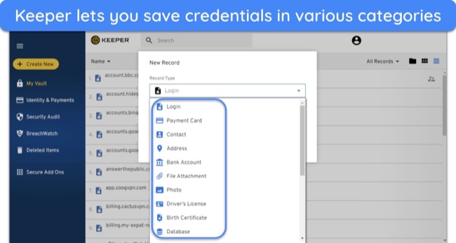 Screenshot of Keeper's data categories when entering a new record
