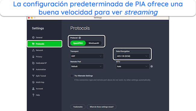 Captura de pantalla de la configuración predeterminada de PIA