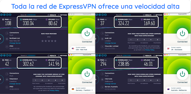 Captura de pantalla de los resultados de las pruebas de velocidad en servidores ExpressVPN en EE. UU., Reino Unido, Alemania y Australia