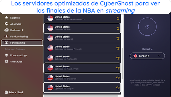 Captura de pantalla de los servidores optimizados de streaming de CyberGhost para ver las Finales de la NBA de 2024